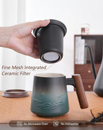 Load image into Gallery viewer, ZENS Embossed Ceramic Tea Mug with Infuser and Lid, 14.5 oz Wooden Handle, Loose Leaf Tea Steeper Cup &amp; Strainer for Tea Lovers Gifts