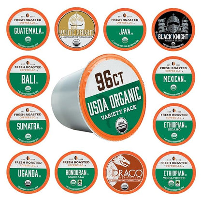 Fresh Roasted Coffee, USDA Organic Variety Pack | 96 Pods for K Cup Brewers