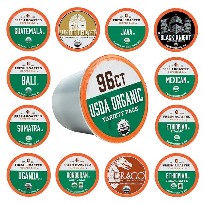 Fresh Roasted Coffee, USDA Organic Variety Pack | 96 Pods for K Cup Brewers