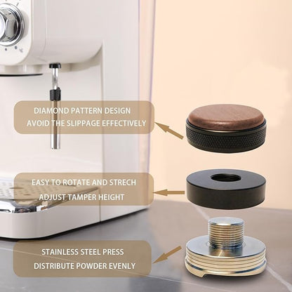 Espresso Distributor Stainless Steel Coffee Distribution Tool,Adjustable Depth Espresso Distributor Leveler with Walnut Wood,3 Angled Slopes Adjustable Palm Espresso Distributor Tool