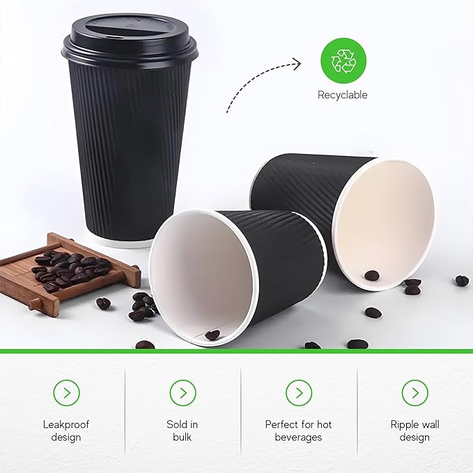 500-CT Disposable Black 12-OZ Hot Beverage Cups with Ripple Wall Design: No Need for Sleeves - Perfect for Cafes - Eco-Friendly Recyclable Paper - Insulated - Wholesale Takeout Coffee Cup