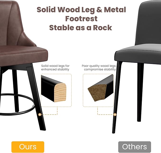 Swivel Bar Stools with Backs, 24" Counter Height Barstools Set of 6, Fabric Upholstered Counter Bar Stools with Solid Wood Legs for Kitchen Island, Home Bar, Brown