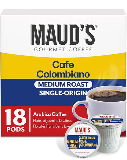 Maud's Columbian Coffee Pods, 18 ct, Single Origin, Medium Roast Coffee in Recyclable Single Serve Pods – 100% Arabica Coffee, Compatible with Keurig K Cups Maker
