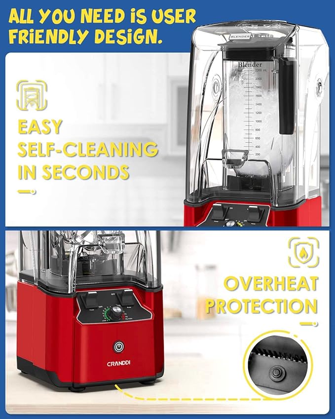 CRANDDI Commercial Quiet Blender, 2200 Watt Professional Countertop Blender with BPA-FREE 80oz Pitcher, Built-in Pulse & 15-speeds Control, Smoothie Blender for Commercial and Home, K90 Red