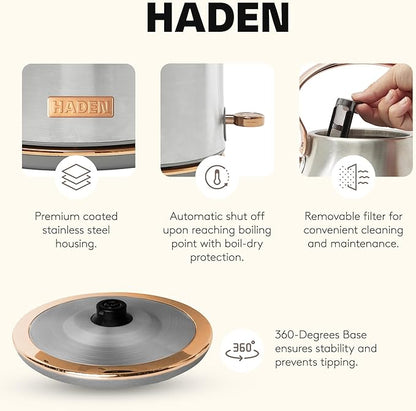 Haden Heritage 1.7 Liter Stainless Steel Electric Kettle, Hot Water Kettle with 360-Degree Base and Auto Shutoff, Steel & Copper
