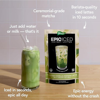 Matchabar Epic Iced Instant Latte Powder | Toasted Vanilla Matcha w/Oat Milk Base | Low Sugar, Non-Diary & Vegan Instant Iced Matcha Powder | Barista-Quality Creamy Latte Mix | 10 Servings