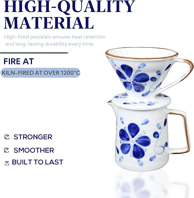 Ceramic Pour Over Coffee Dripper Set, Porcelain Pourover Coffee Dripper for 1–4 Cups, V60 (White & Blue)