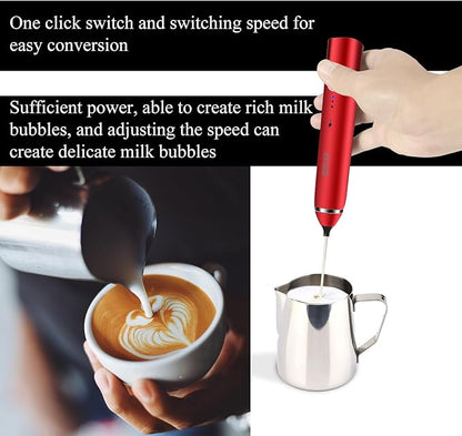 Delm Milk Frother Electric USB Stainless Steel Accessory - Frother Wand Foam Maker for Lattes - Milk Frother Handheld for Cappuccino, Frappe, Matcha, Hot Chocolate - Frother for Coffee (red)