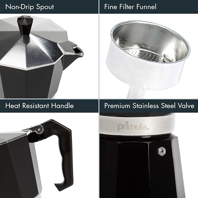 Primula Classic Stovetop Espresso and Coffee Maker, Moka Pot for Italian and Cuban Café Brewing, Greca Coffee Maker, Cafeteras, 6 Espresso Cups, Black