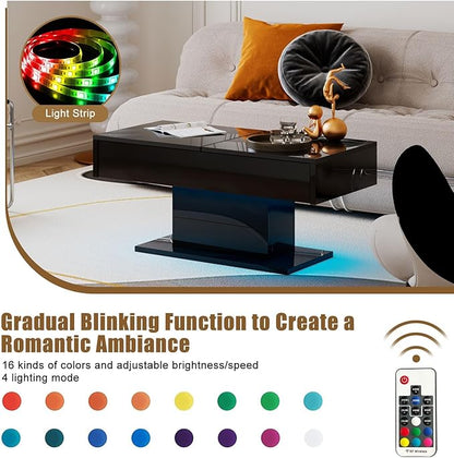 Black LED Coffee Table with Storage for Living Room, Living Room Table Rectangular Center Table, Modern High Glossy Wooden Coffee Tables for Dining Reception Room