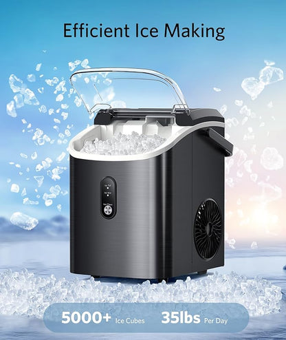 Nugget Ice Maker Countertop - Pebble Ice Maker with Self-Cleaning, 35lbs/Day, Ready in 6 Mins, Portable Sonic Ice Machine with Handle, Basket & Scoop for Home, Kitchen, RV, Outdoor (Black)