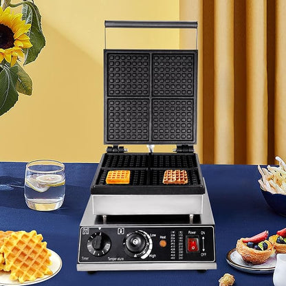 4 Grids Belgian Waffle Pancake Maker,Non-stick Pancake Baker Machin with Dual Heating Pans,110v Waffle Pancake Maker for Commercial,Pancake Maker with Adjustable Thermostats Timers 50-300℃