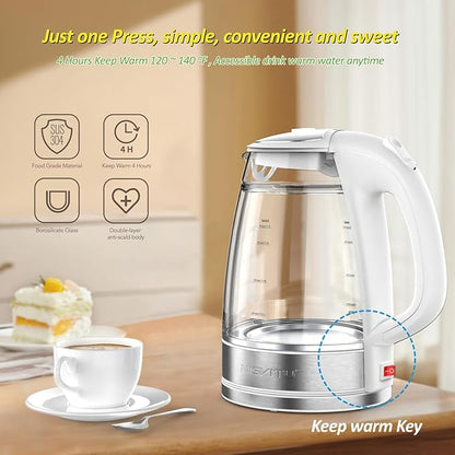Glass & Stainless Steel Cordless Electric kettle for boiling water, Hot water boiler Electric Tea Kettle automatic shut off Boil-Dry Protection, PC Outer + Glass Inner, 1500W, 1.7L, WH