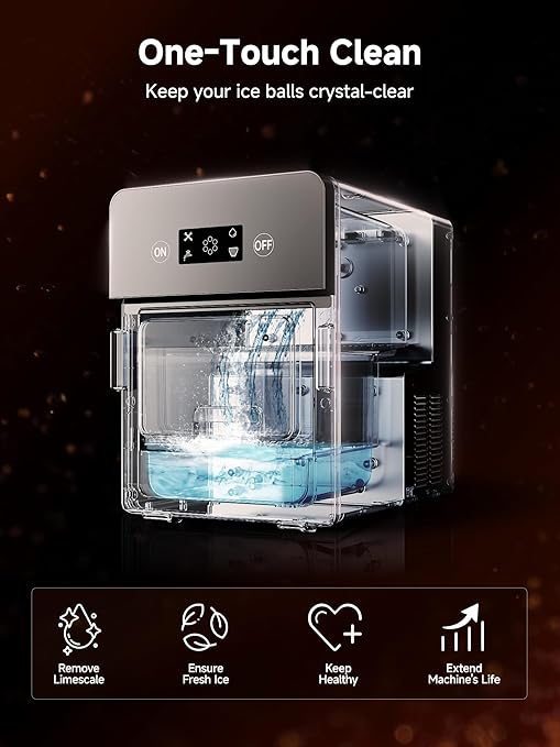 2" Clear Ice Ball Maker with ClearCore Technology, 150 pcs/Day, 4 pcs in 38 Mins, Sphere Ice Maker with Enhanced Insulation, Self-Cleaning, Automatic Water Supply for Whiskey & Bourbon
