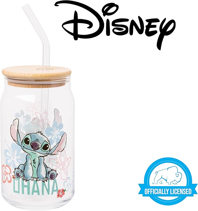 Silver Buffalo Disney Lilo and Stitch Ohana Floral Glass Jar Tumbler with Bamboo Lid and Glass Straw, 16 Ounces