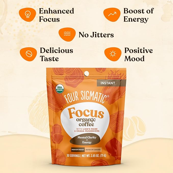 Four Sigmatic Organic Mushroom Coffee | Instant Mushroom Coffee Mix with Lion's Mane, Chaga and Rhodiola for Better Focus and Immune Support | 30 Serving Bag