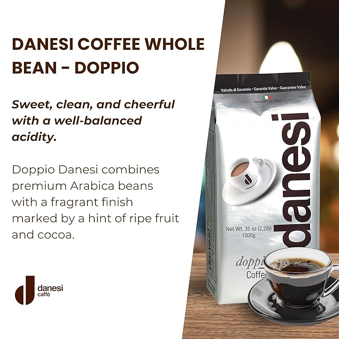 Danesi Caffe Italian Whole Coffee Beans - Espresso Coffee Beans and Medium Roast Whole Bean - Perfect for Espresso Machines, French Press, and Home Brewing - Doppio (2.2 lb)