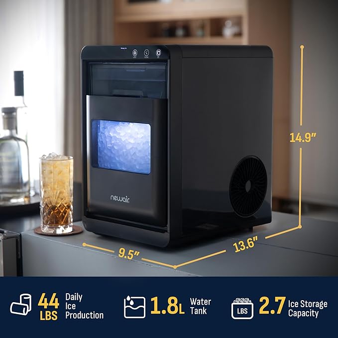 Newair Nugget Ice Maker Countertop, 44 lbs in 24 Hours Ice Machine Nugget, Self Cleaning Ice Maker in Black Stainless Steel, Perfect for Home Bar, Kitchen Countertop, RV, Home Office