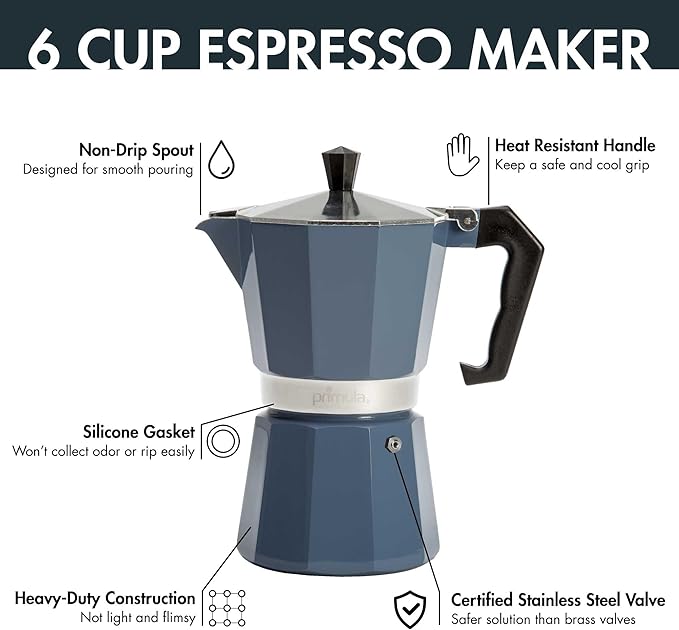 Primula Classic Stovetop Espresso and Coffee Maker, Moka Pot for Italian and Cuban Café Brewing, Greca Coffee Maker, Cafeteras, 6 Espresso Cups, Blue