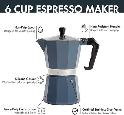Primula Classic Stovetop Espresso and Coffee Maker, Moka Pot for Italian and Cuban Café Brewing, Greca Coffee Maker, Cafeteras, 6 Espresso Cups, Blue