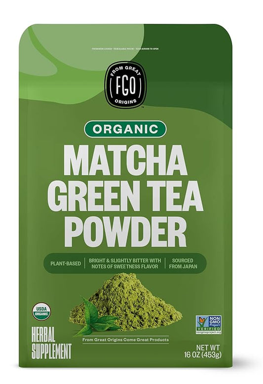 FGO Organic Matcha Green Tea Powder, Japanese Culinary Grade for Cooking, Baking, or Smoothies, 16oz Bulk Resealable Bag, Packaging May Vary (Pack of 1)