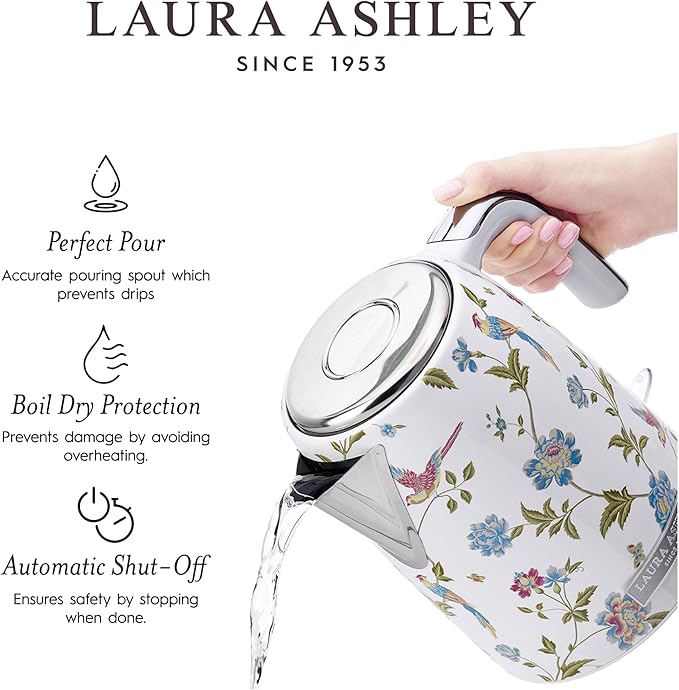 Laura Ashley Stainless Steel Electric Kettle 1.7 Liter - 1500W Rapid Boil Electric Kettles for Boiling Water - Electric Tea Kettles Automatic Shut Off - Overheat & Boil Dry Protection Jug Kettle