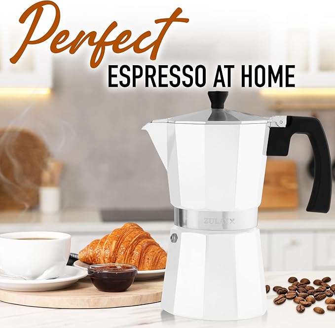 Zulay Moka Pot Espresso Stovetop Coffee Maker - Leak-Proof, Stainless Steel, Easy to Clean, Heat Resistant Handle & Knob - for Authentic Cuban & Italian Style Espresso - Makes 12 Espresso Cups - White