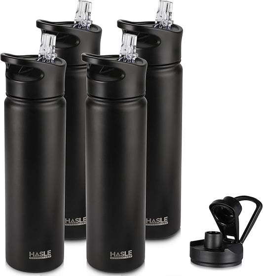HASLE OUTFITTERS Insulated Water Bottle 22 oz Double Wall Stainless Steel Water Bottle Wide Mouth with Straw Lid & Spout Lid Keeps Cold or Hot(Black,4)