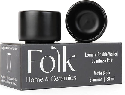 Folk Ceramics Leonard Ceramic Espresso Cups | Modern Stackable Demitasse Mugs for Espresso | Thick Walled, Handleless, Durable, Dishwasher & Microwave Safe | Set of 2, 3oz | Matte Black