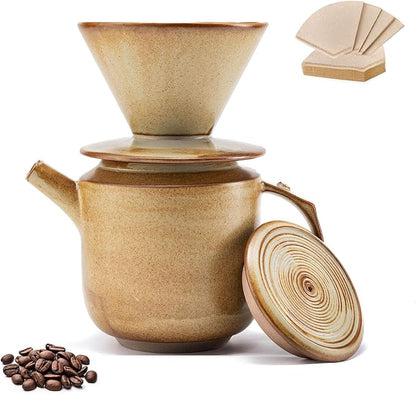 AZYM Pour Over Coffee Maker Set,with Lid and V60 Paper Coffee Fliters 20 Counts,High Heat Resistant Vintage Coffee Carafe Dripper Set for Home Café Restaurant Camping Hiking(Yellow)