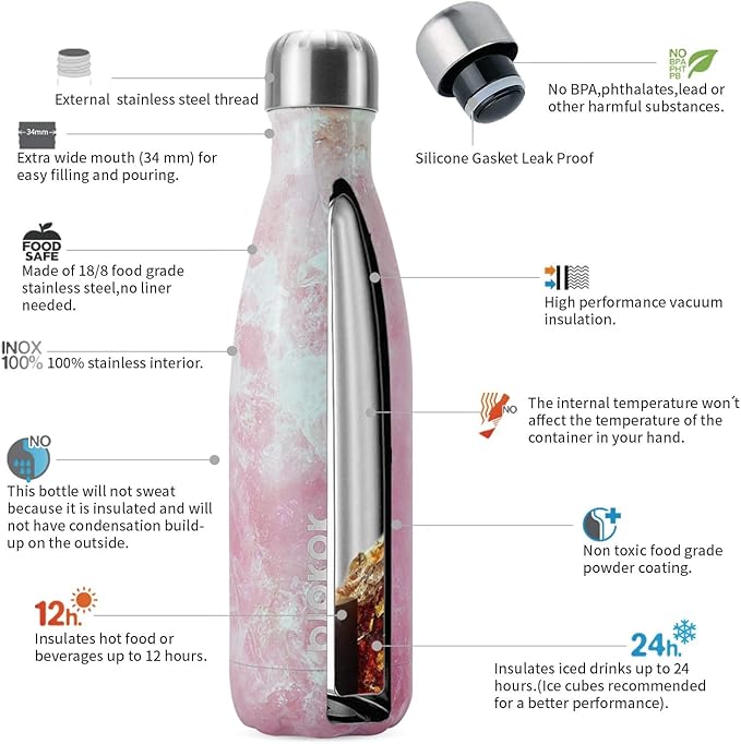 BJPKPK Insulated Water Bottles 17oz Stainless Steel Sports Water Bottles Keep Cold for 24 Hours and Hot for 12 Hours,BPA Free,Marble Blossom