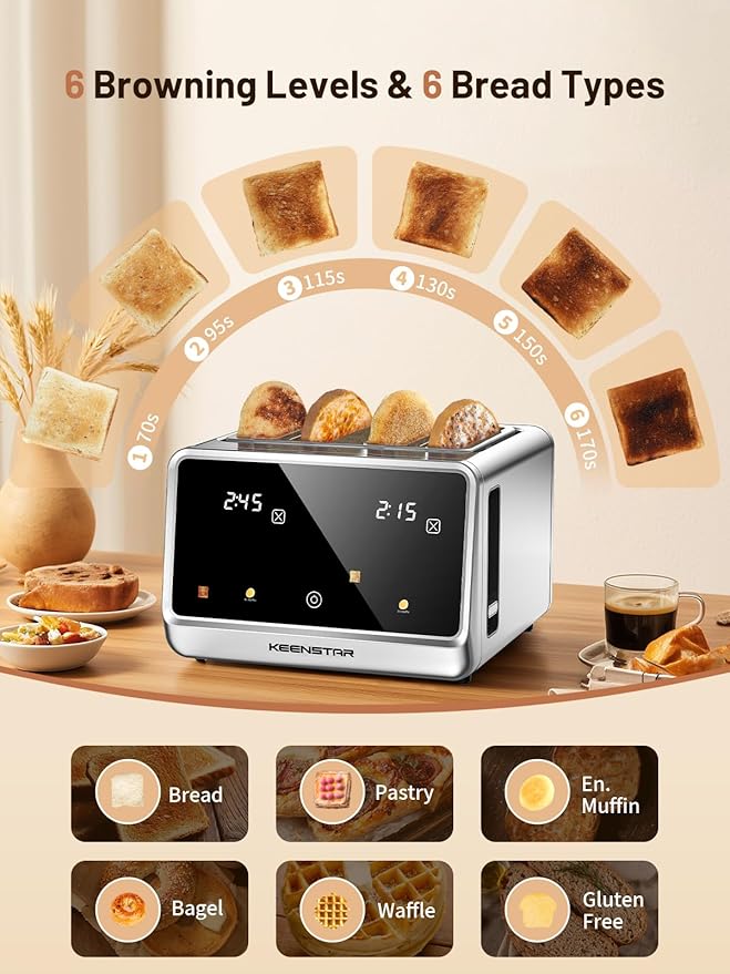4 Slice Toaster with Touch Screen, Stainless Steel Smart Bread Toaster, 1.5" Wide Slots, 6 Shade Settings & 6 Bread Types for Bagels, Timer, Single Slice Toasting, Reheat, Defrost, 1800W