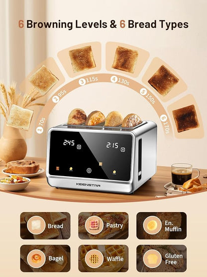 4 Slice Toaster with Touch Screen, Stainless Steel Smart Bread Toaster, 1.5" Wide Slots, 6 Shade Settings & 6 Bread Types for Bagels, Timer, Single Slice Toasting, Reheat, Defrost, 1800W