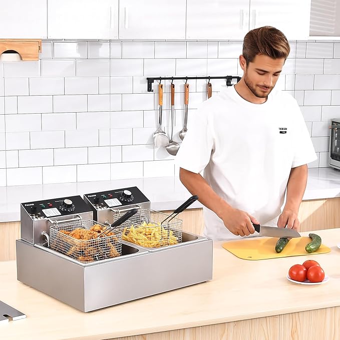 Deep Fryer with Basket, 3400w 9.1Qt Oil Tank / 4Qt Basket x 2, Stainless Steel Countertop Electric Fryer for Home and Commercial Use, Oil Fryer with Temperature Control and Double Overheat Protection