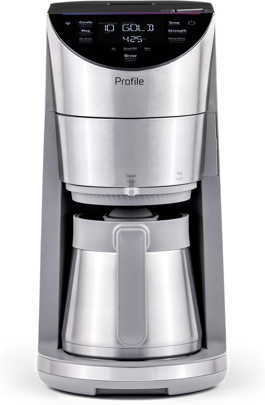 GE Profile Smart Grind & Brew Coffee Maker w/Podless Single Serve, 90oz Water Reservoir, 10 Cup Thermal Carafe, Voice Control, Adjustable Burr Grinder, SCA Certified, Barista-Quality, Stainless Steel