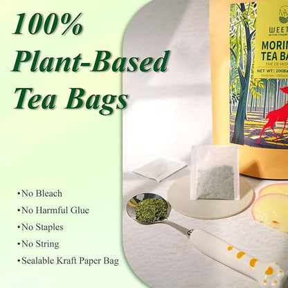 WT WEETEE Moringa Tea Bags 100 Count, 100% Pure Dried Moringa Leaves, Caffeine Free Nutrient-Dense Herbal Tea, Earthy Spinach Aroma & Bold Fermented Bean-Like Flavor