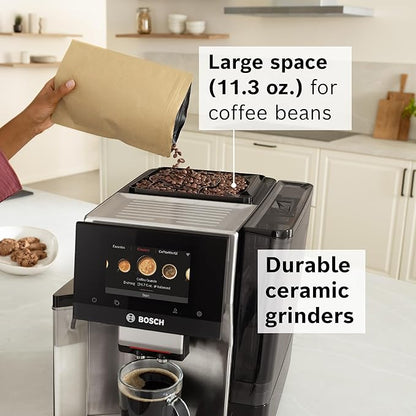 Bosch 800 Series Fully Automatic Espresso and Coffee Machine – 36 Drinks with Coffee World, Cold Brew, Double Cup, Integrated Milk Container, Smart Features, in Silver TQU60307