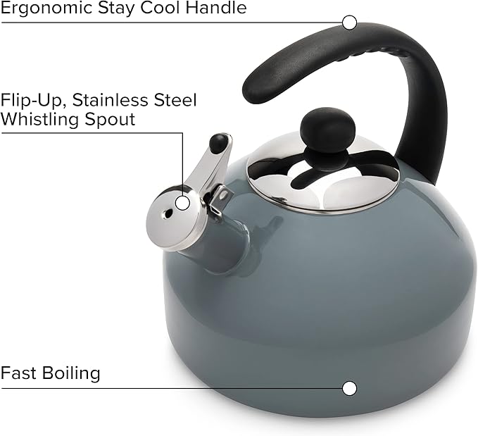 Farberware Omega Tea Kettle, Whistling Tea Pot, Works For All Stovetops, Porcelain Enamel on Carbon Steel, BPA-Free, Rust-Proof, Stay Cool Handle, 2.75 quart (11 cups) Capacity(Gray)