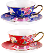 Load image into Gallery viewer, KAMMAK Ceramic Coffee Cups and Saucers Set of 2, Porcelain Espresso Cups with Saucers, 5.64 oz Handcrafted Ceramic Floral Coffee and Tea Cup, Vintage Drinkware for Tea Party, Office, Women Gifts