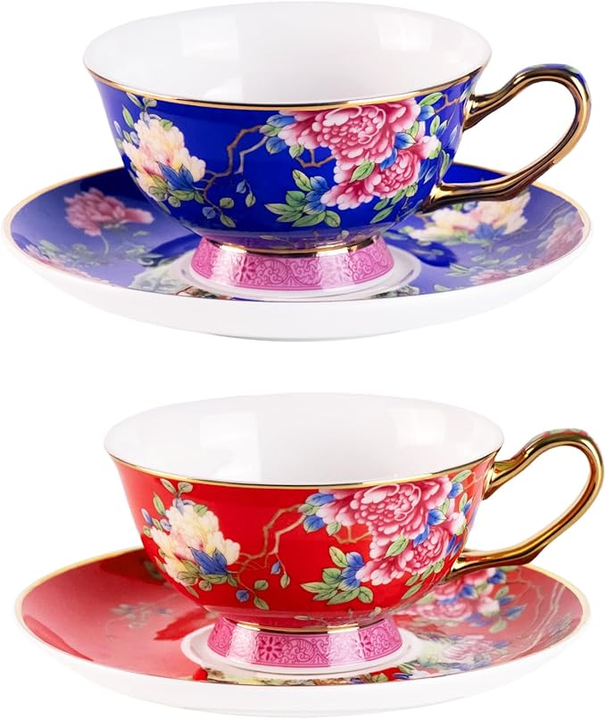 KAMMAK Ceramic Coffee Cups and Saucers Set of 2, Porcelain Espresso Cups with Saucers, 5.64 oz Handcrafted Ceramic Floral Coffee and Tea Cup, Vintage Drinkware for Tea Party, Office, Women Gifts