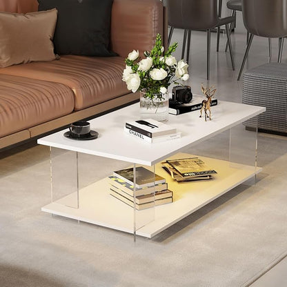 43" Acrylic Coffee Table with Wood Top, Minimalist Stylish Modern Rectangular Center Tables for Living Room, Led Living Room Table with Storage Shelf & Acrylic Frame for Small Space
