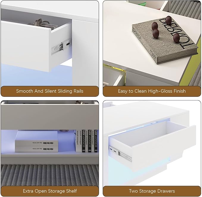 42" White Modern Coffee Table for Living Room, High Glossy Wooden Living Room Table with Storage, Led Rectangular Coffee Tables with 2 Drawers, Wood Center Table for Reception Dinning Room