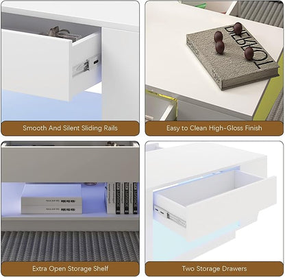 42" White Modern Coffee Table for Living Room, High Glossy Wooden Living Room Table with Storage, Led Rectangular Coffee Tables with 2 Drawers, Wood Center Table for Reception Dinning Room