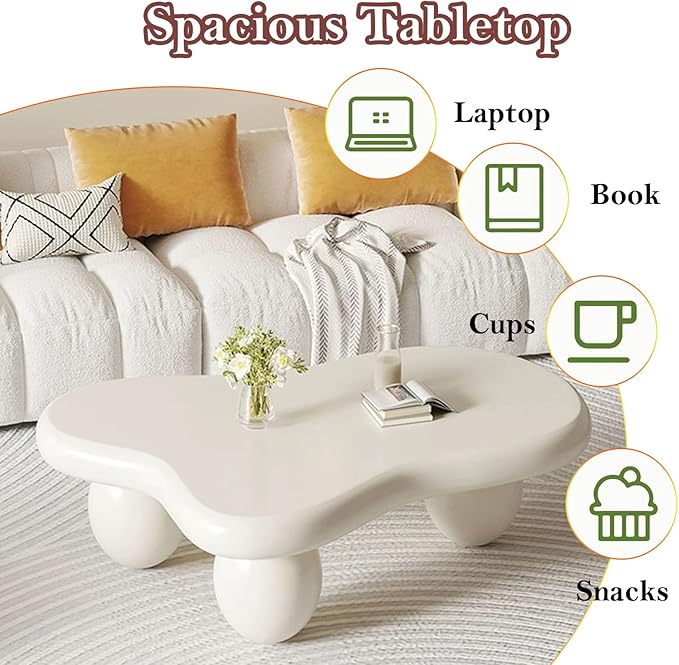 Stylish Irregular Cloud Coffee Table Mid-Century White Low Center Table - 3 Stable Ellipsoid Leg, for Living Room Bedroom Lounge (E-39.37in)