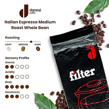 Danesi Caffe Italian Whole Coffee Beans - Espresso Coffee Beans and Medium Roast Whole Bean - Perfect for Espresso Machines, French Press, and Home Brewing - Filter (2.2 lb)