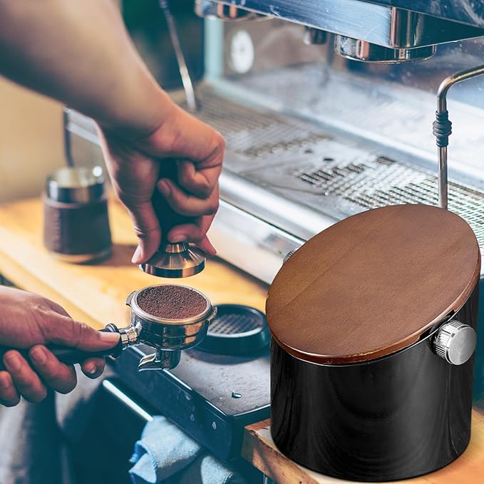 Espresso Knock Box with Walnut Lid for Coffee Grounds, Espresso Machine Accessory, Easy Disposal of Coffee Pucks, Removable Knock Bar(Black)