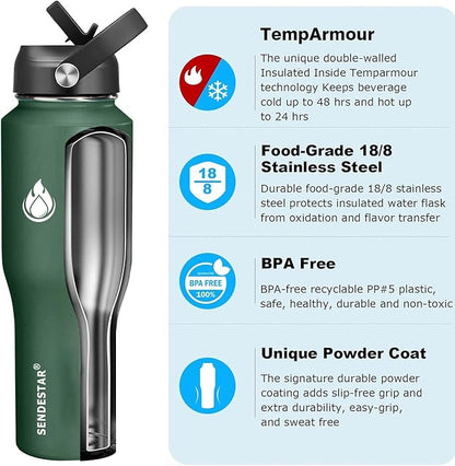 SENDESTAR 32oz Water Bottle Wide Mouth Stainless Steel Vacuum Insulated Double Wall with 2 Straw Lids Fit in Any Car Cup Holder TXIN-32-Dark Green