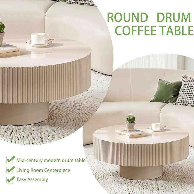 Handmade Round Fluted Drum-Shaped Coffee Table、Rustic Modern Circular Centerpiece for Living Room & Farmhouse Decor、Easy to Clean (A Off White 30.9 in)