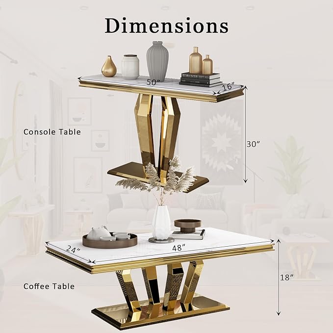 Coffee Table Set, 48 inches Modern Gold Coffee Table with 4 Geometric Polished Bases and Rectangular Gold Console Table with White Top for Living Room (Coffee Table + Console Table)