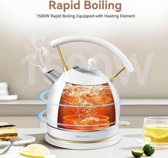 Rasonic Classic Retro Electric Kettle, 1.8L Stainless Steel, 1500W Fast Quiet Boiling, Temperature Gauge, LED Light, Auto Shut-Off, Home & Office Use - White and Champagne Gold